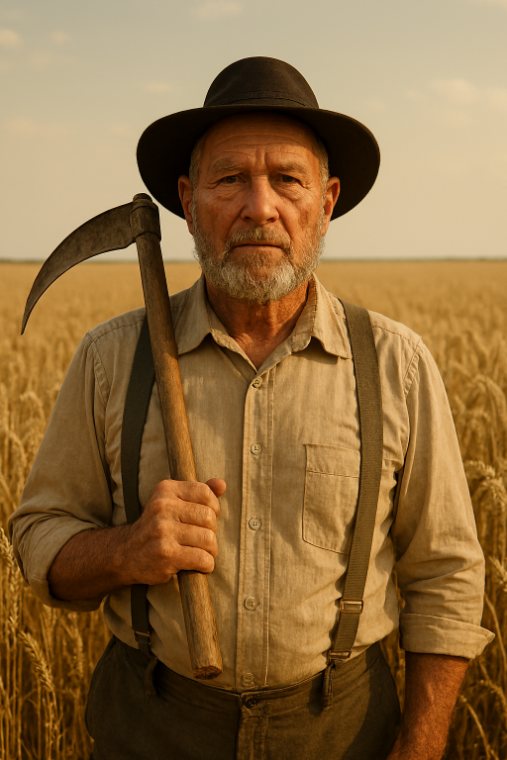 Campesino con guadaña en el trigal